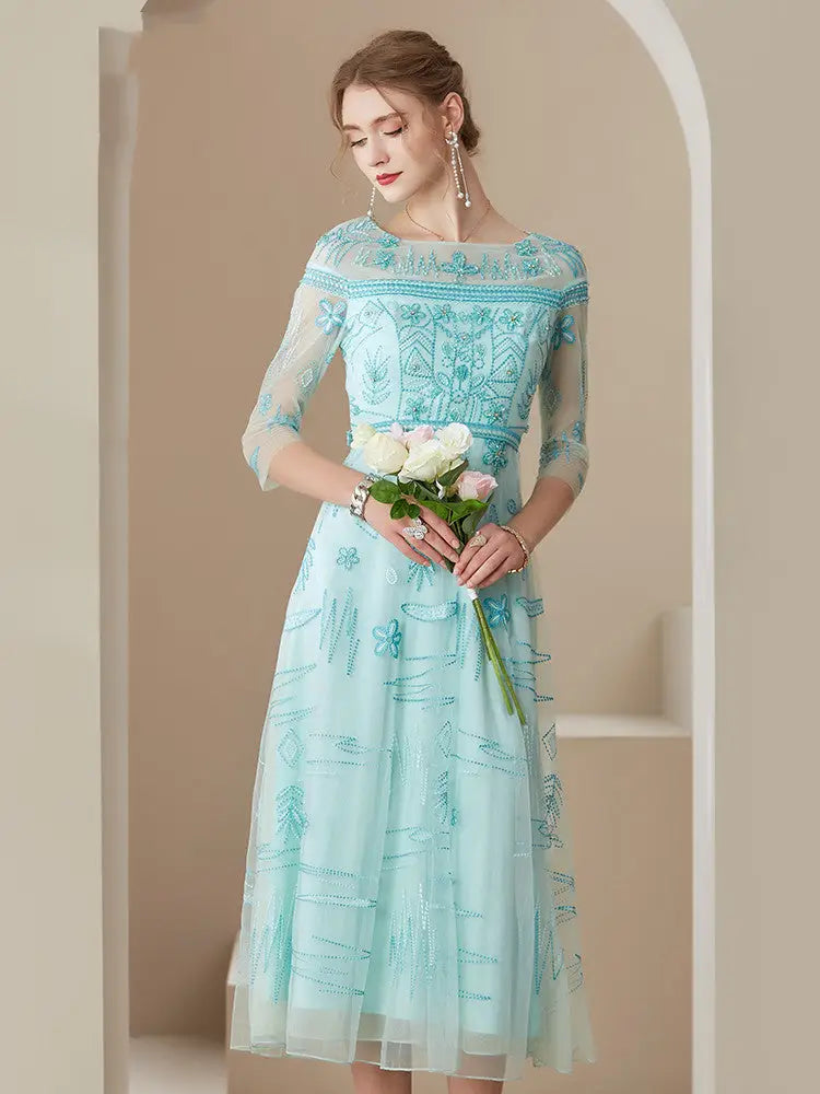 Mesh Embroidered Temperament Fashionable Elegant Dress - Blue / 2XL - Bag