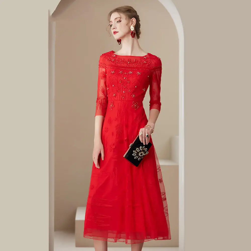 Mesh Embroidered Temperament Fashionable Elegant Dress - Red / 2XL - Bag