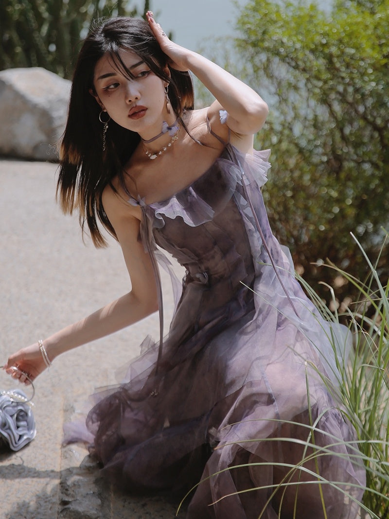 Summer Women’s Irregular French Strap Long Dress - Bag