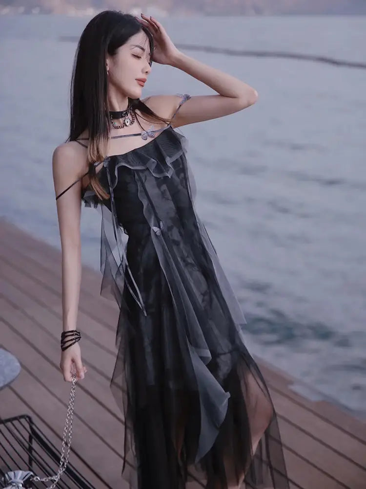 Summer Women’s Irregular French Strap Long Dress - Bag