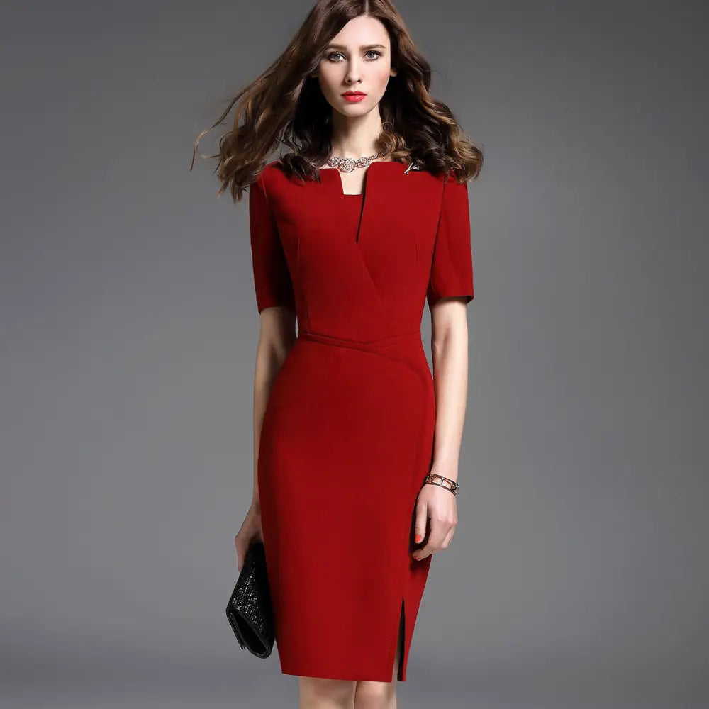 Formal Temperament Elegant And Intellectual Mid-sleeve Red Dress Women - Burgundy fivequarter sleeves / 2XL - Bag