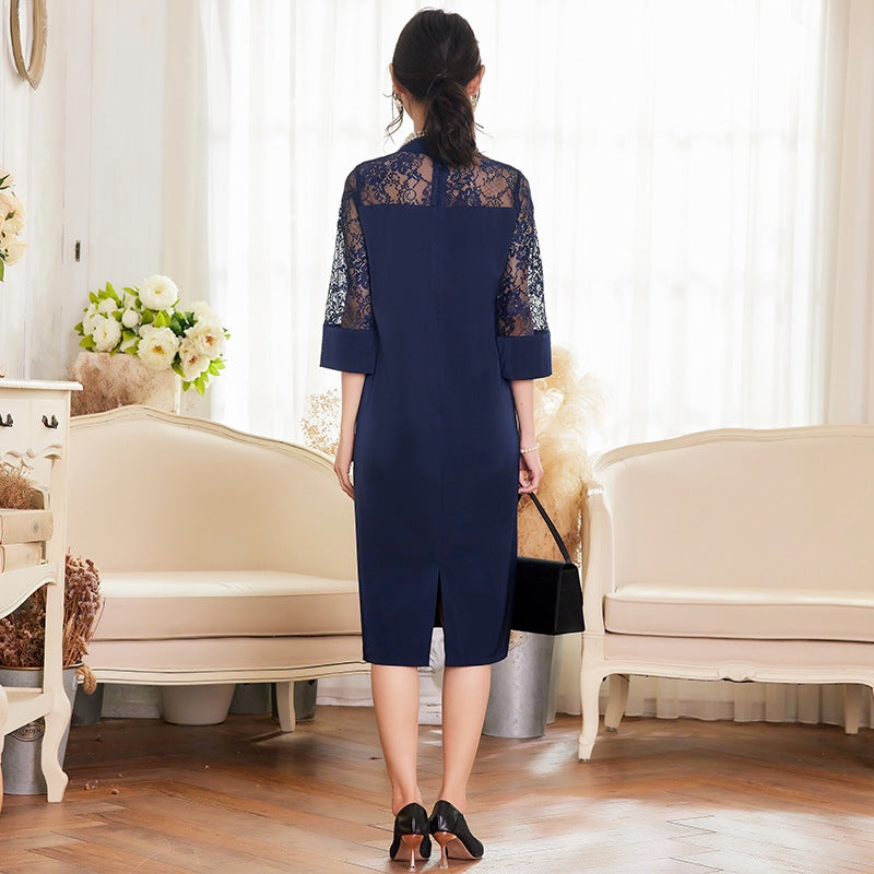 Elegant Navy Boho Lace Dress | Vintage Romantic & Slimming Irregular Hem Dress