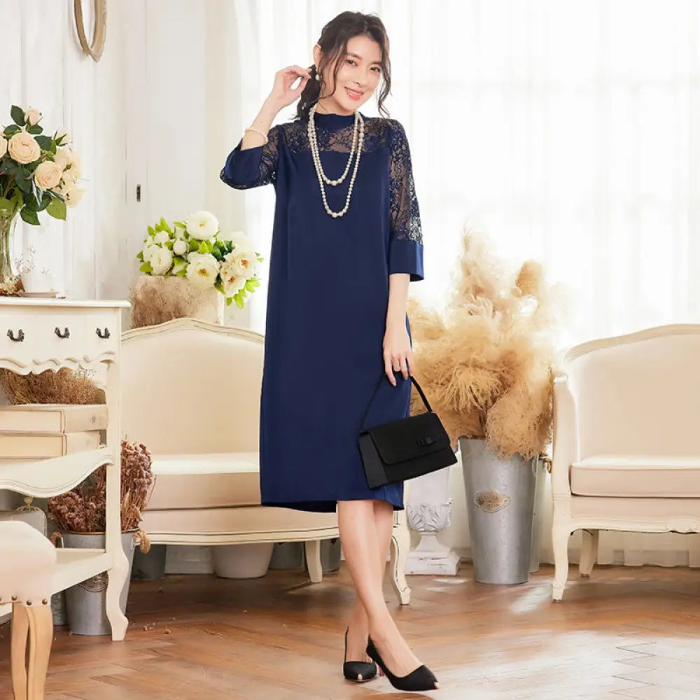 Elegant Navy Boho Lace Dress | Vintage Romantic & Slimming Irregular Hem Dress - Dark Blue / L