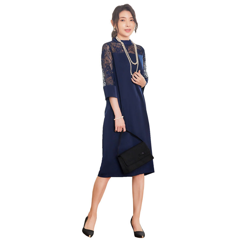Elegant Navy Boho Lace Dress | Vintage Romantic & Slimming Irregular Hem Dress