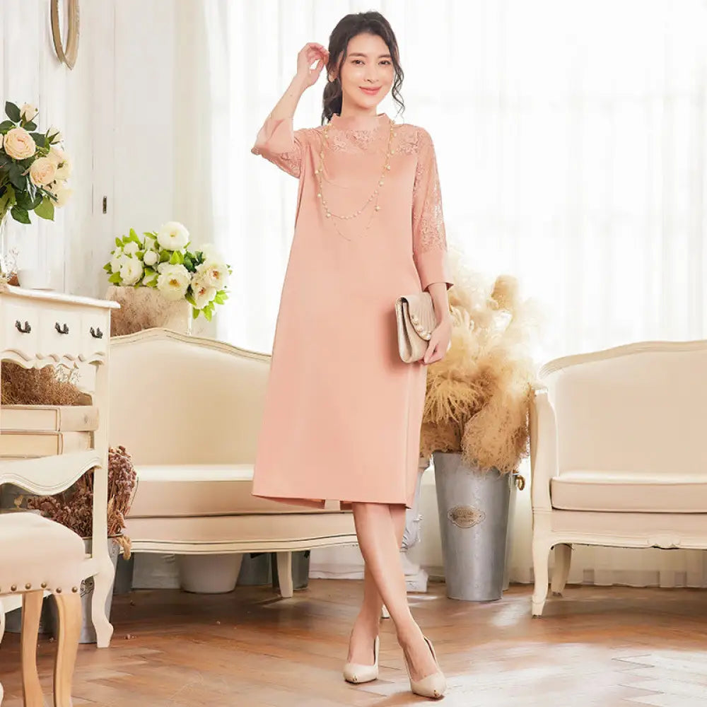 Elegant Navy Boho Lace Dress | Vintage Romantic & Slimming Irregular Hem Dress - Pink / L