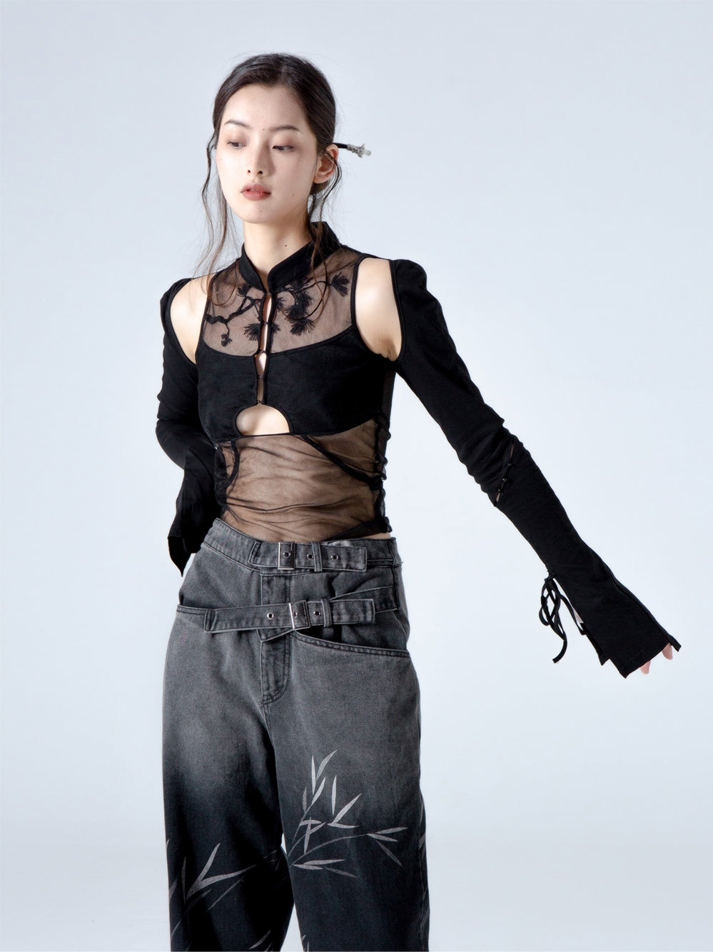 Embroidered Black Gauze Top | same ANTHEM. - Bag