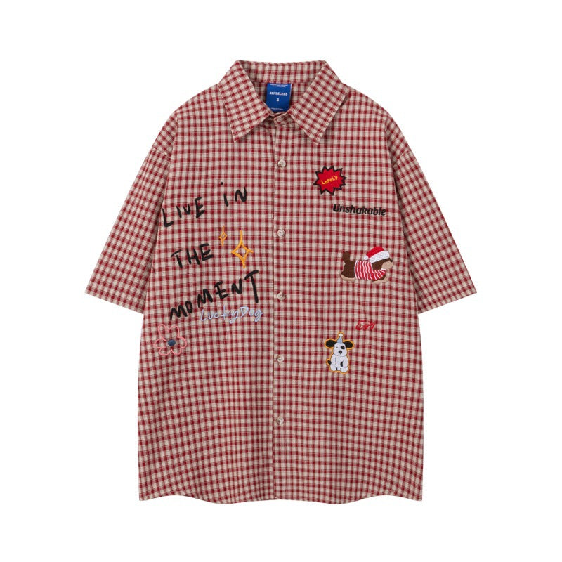 Embroidered Cartoon Checkered Shirt – same ANTHEM. Nostalgic Soulmate Streetwear for Men - Red Grid / M