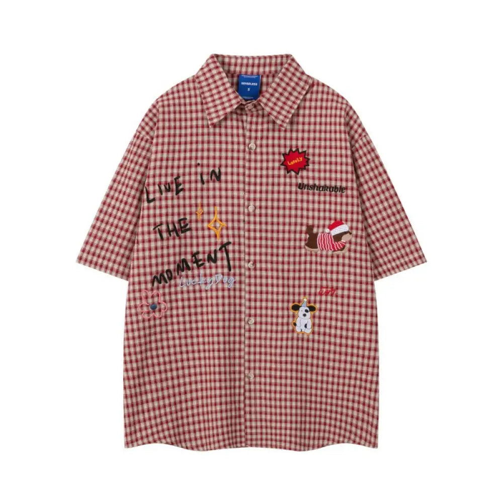 Embroidered Cartoon Checkered Shirt – same ANTHEM. Nostalgic Soulmate Streetwear for Men - Red Grid / M