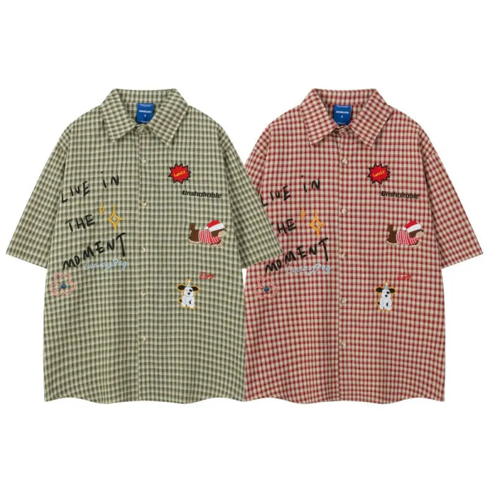 Embroidered Cartoon Checkered Shirt – same ANTHEM. Nostalgic Soulmate Streetwear for Men