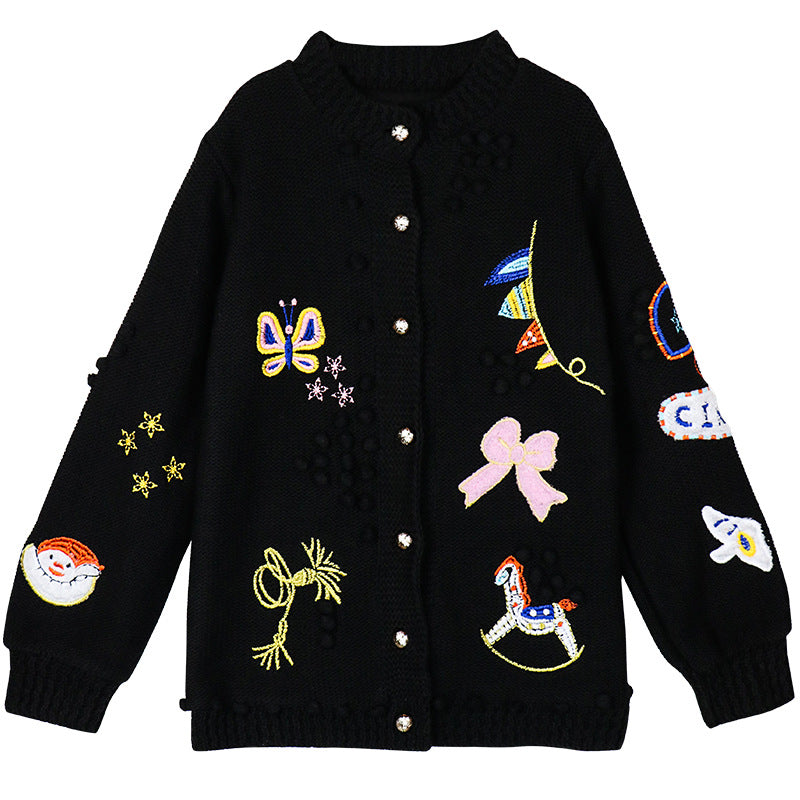 Embroidered Crochet Knit Cardigan – Dreamy Streetwear for Soulmates | same ANTHEM - black / one size