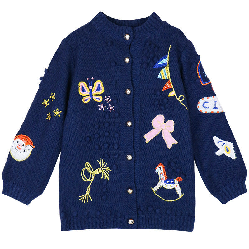 Embroidered Crochet Knit Cardigan – Dreamy Streetwear for Soulmates | same ANTHEM - navy blue / one size