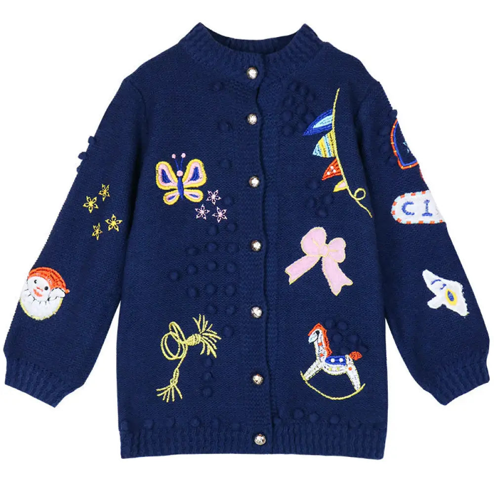 Embroidered Crochet Knit Cardigan – Dreamy Streetwear for Soulmates | same ANTHEM - navy blue / one size