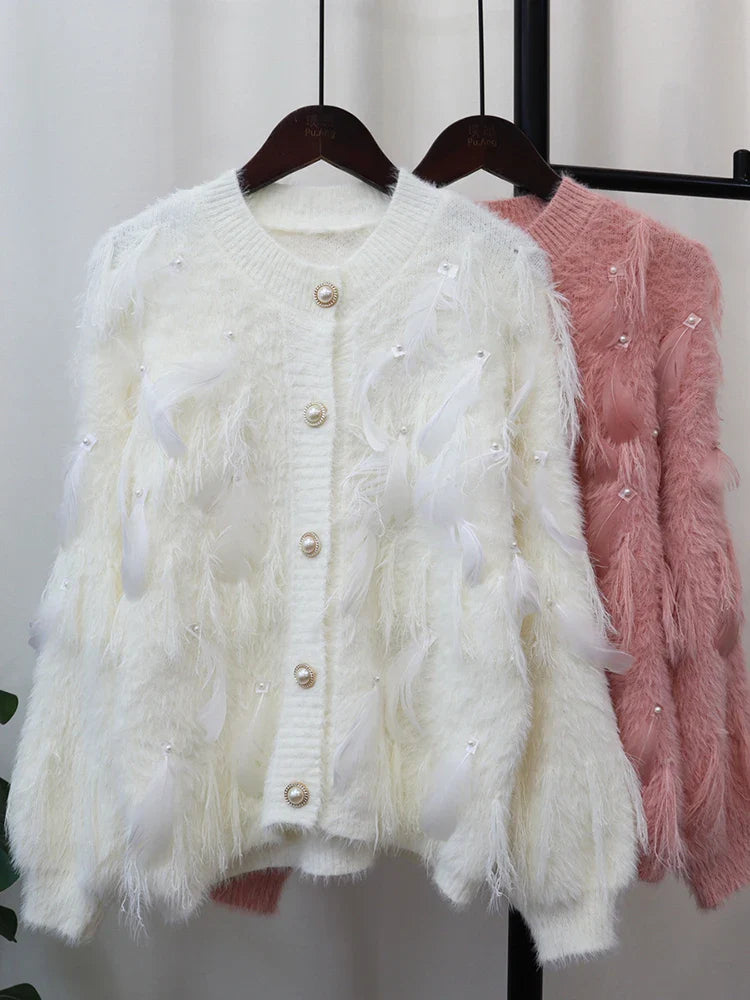 Embroidered Feather Spliced Sweater Cardigan | same ANTHEM
