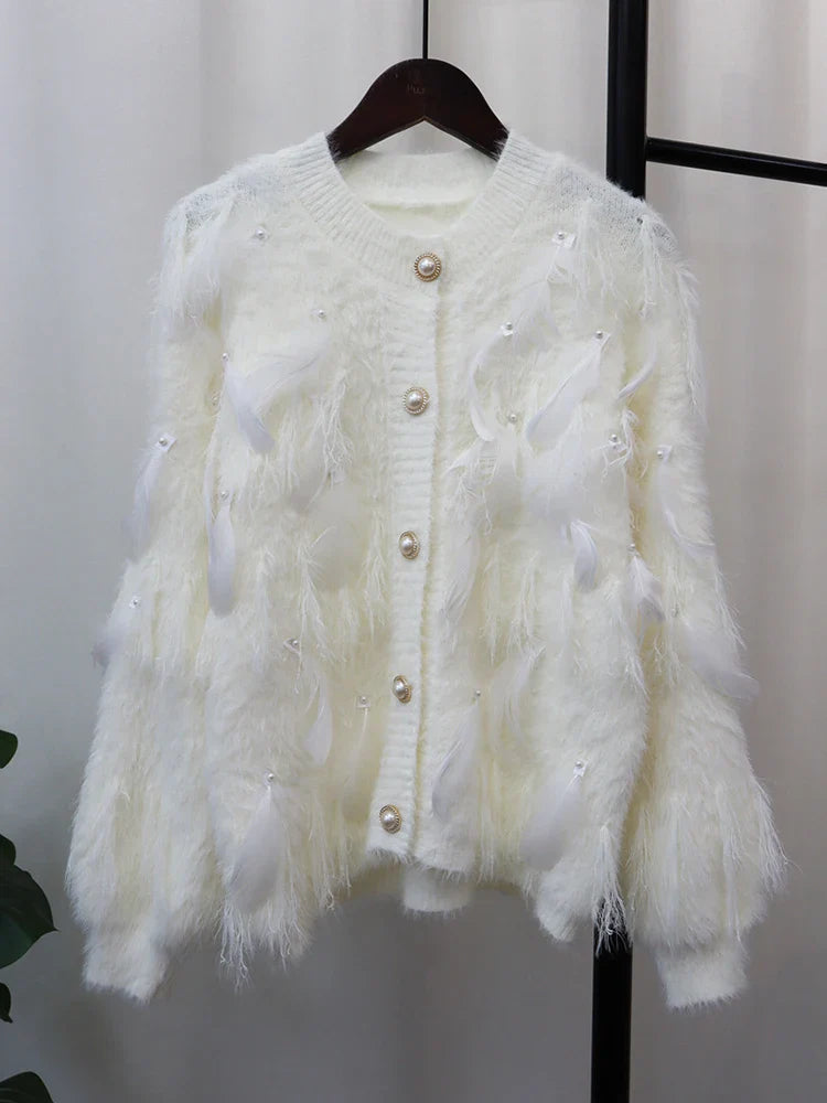 Embroidered Feather Spliced Sweater Cardigan | same ANTHEM