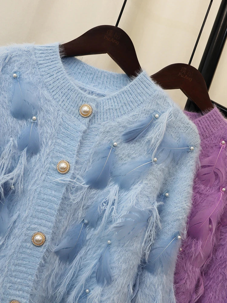 Embroidered Feather Spliced Sweater Cardigan | same ANTHEM