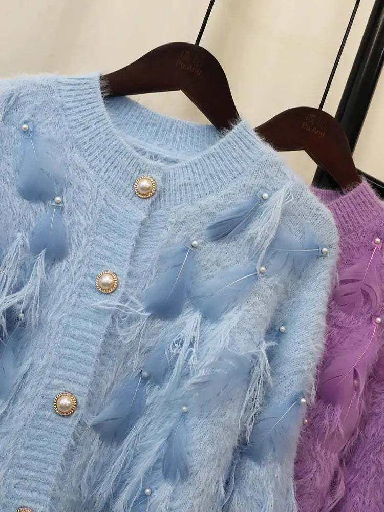 Embroidered Feather Spliced Sweater Cardigan | same ANTHEM