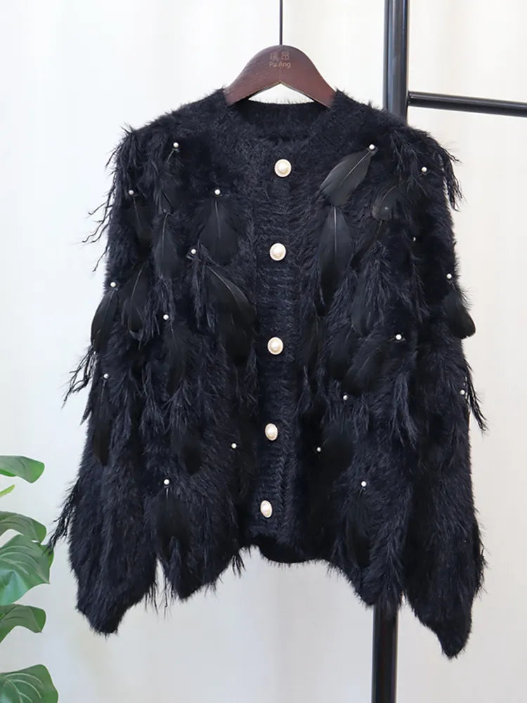 Embroidered Feather Spliced Sweater Cardigan | same ANTHEM