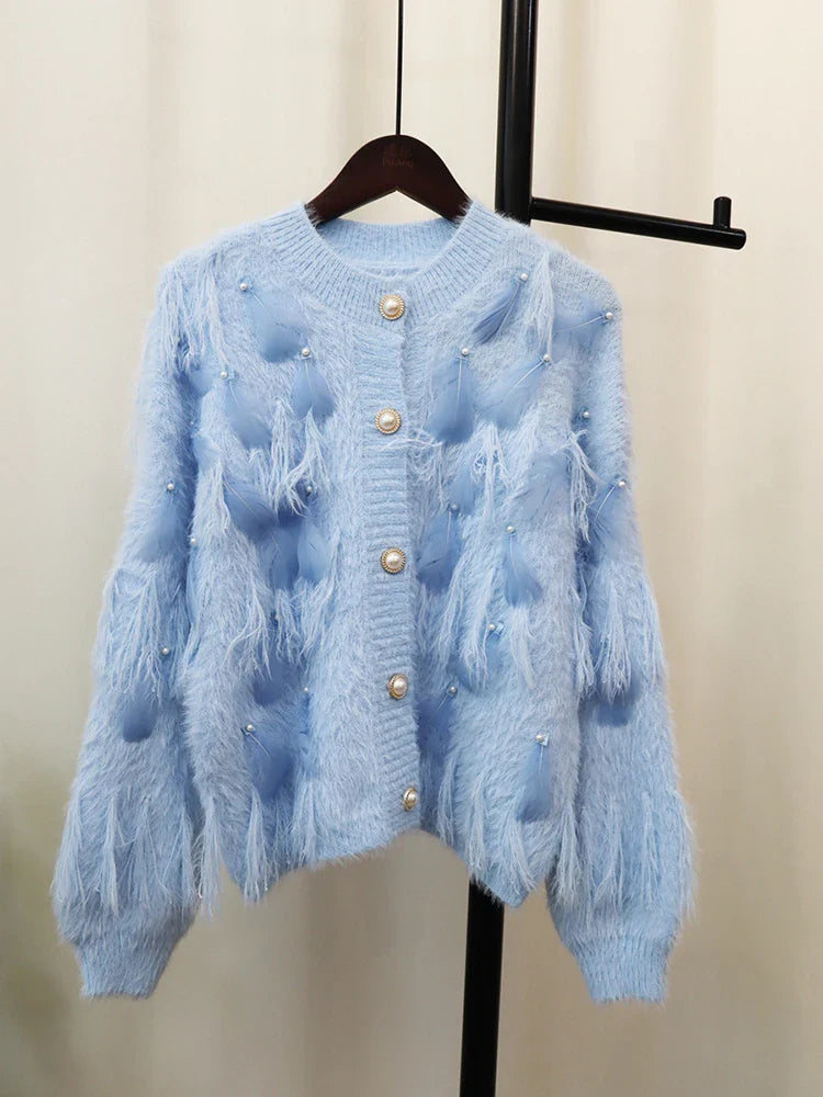 Embroidered Feather Spliced Sweater Cardigan | same ANTHEM
