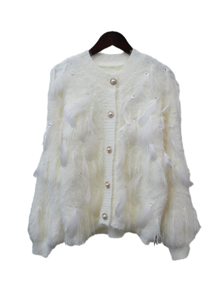 Embroidered Feather Spliced Sweater Cardigan | same ANTHEM