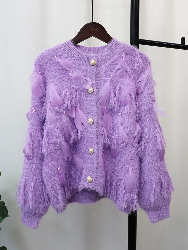 Embroidered Feather Spliced Sweater Cardigan | same ANTHEM