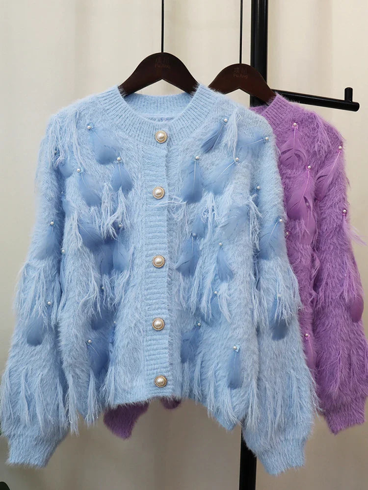 Embroidered Feather Spliced Sweater Cardigan | same ANTHEM