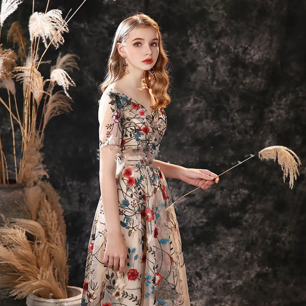 Women’s Embroidered Lace Short Sleeve Mid Length Dress - Bag