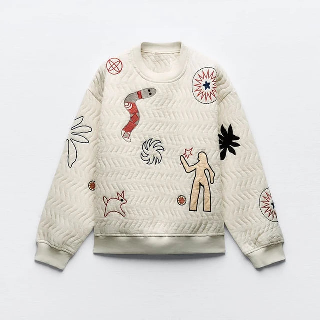 Embroidered Oversized Quilted Sweatshirt – same ANTHEM | French Chic Soulmate Style - Beige / S