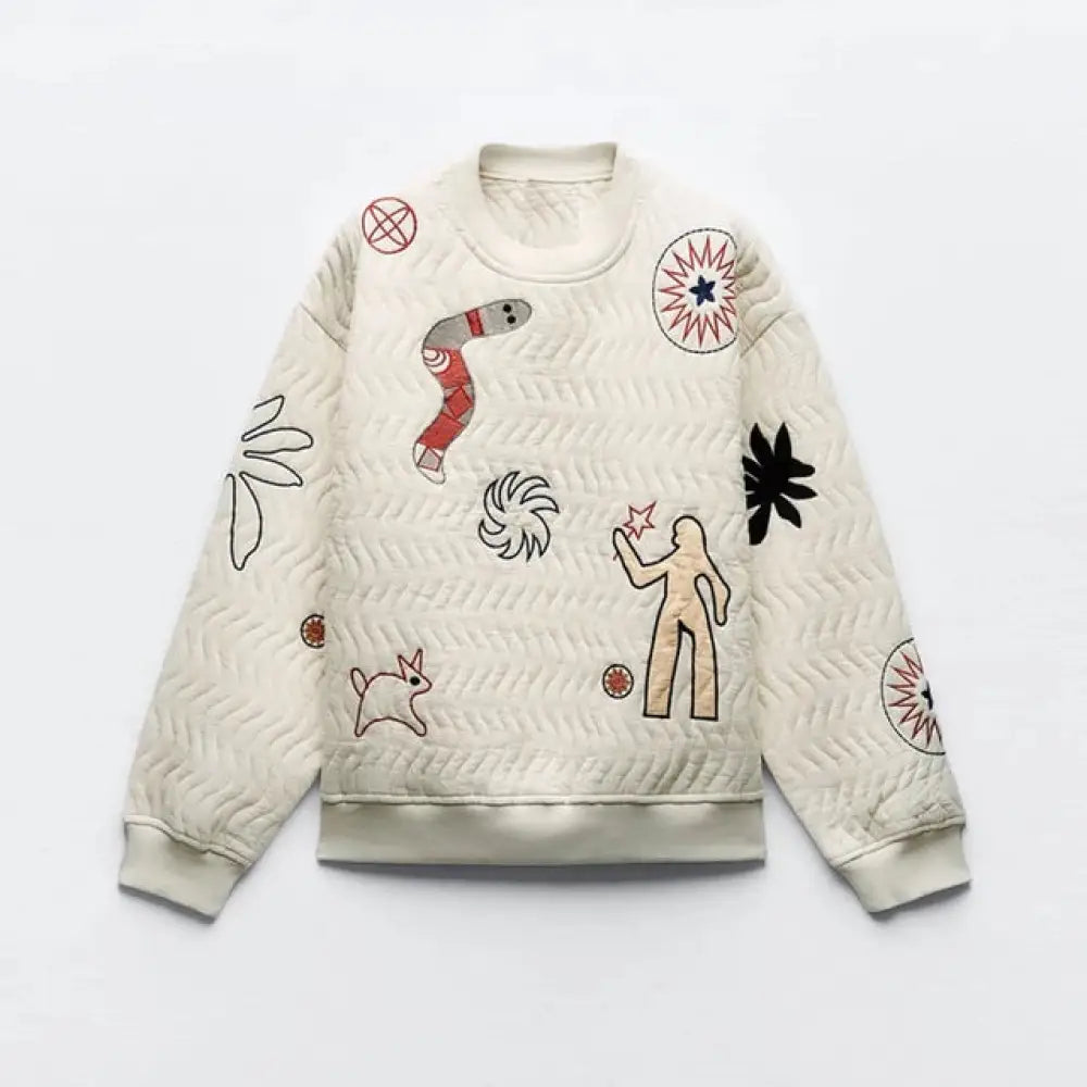 Embroidered Oversized Quilted Sweatshirt – same ANTHEM | French Chic Soulmate Style - Beige / S