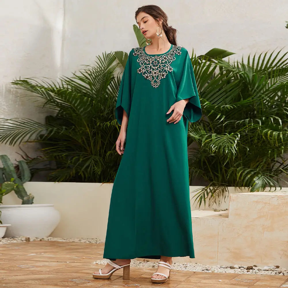 Embroidered Round Neck Flared Sleeves Long Dress | Urban Dreamy Style | same ANTHEM