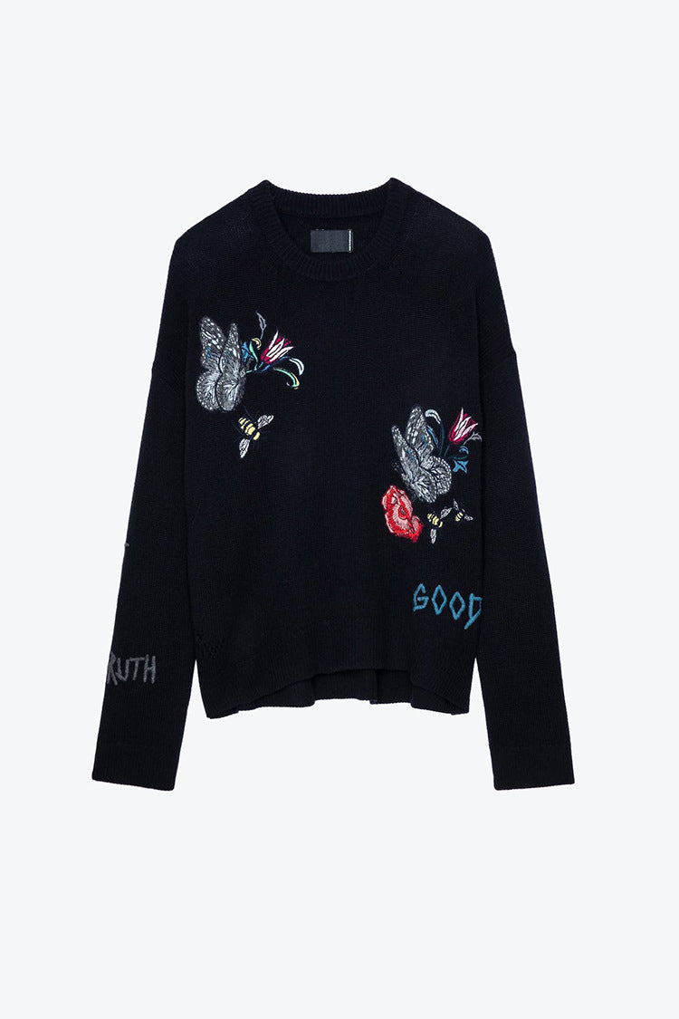 Embroidery Cashmere Sweater | same ANTHEM. - dark blue / S