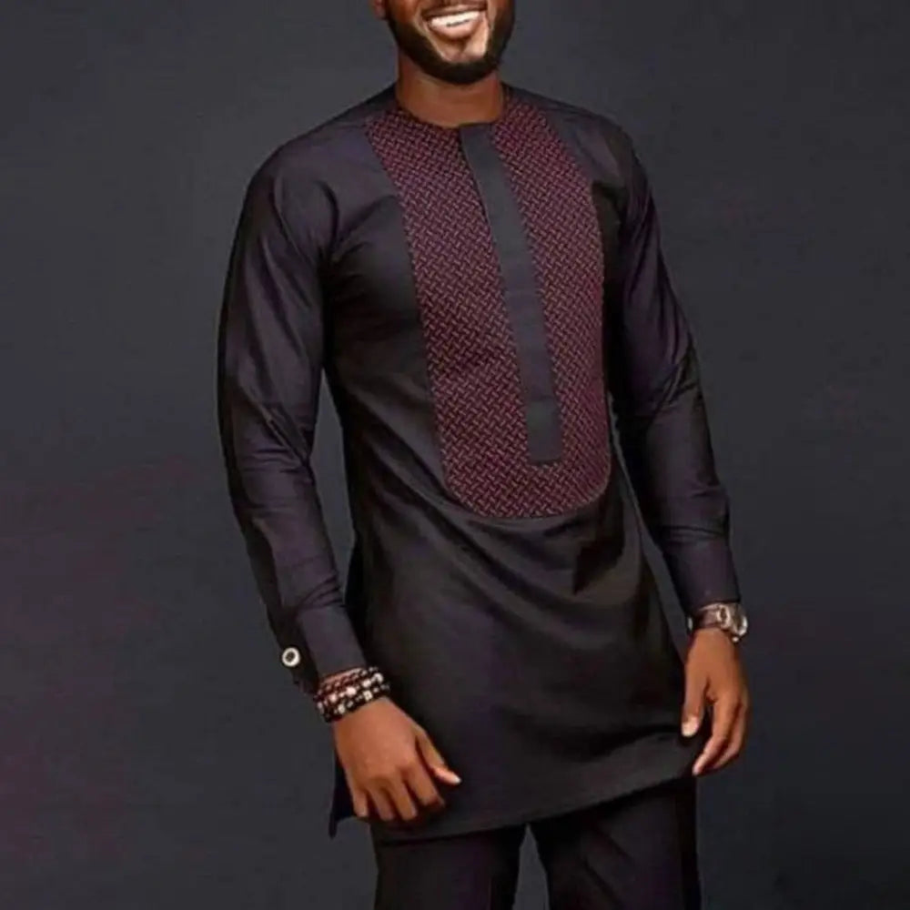 Ethnic Style Men’s Suit | Printed Stitching Shirt & Solid Pants | same ANTHEM - Black / L