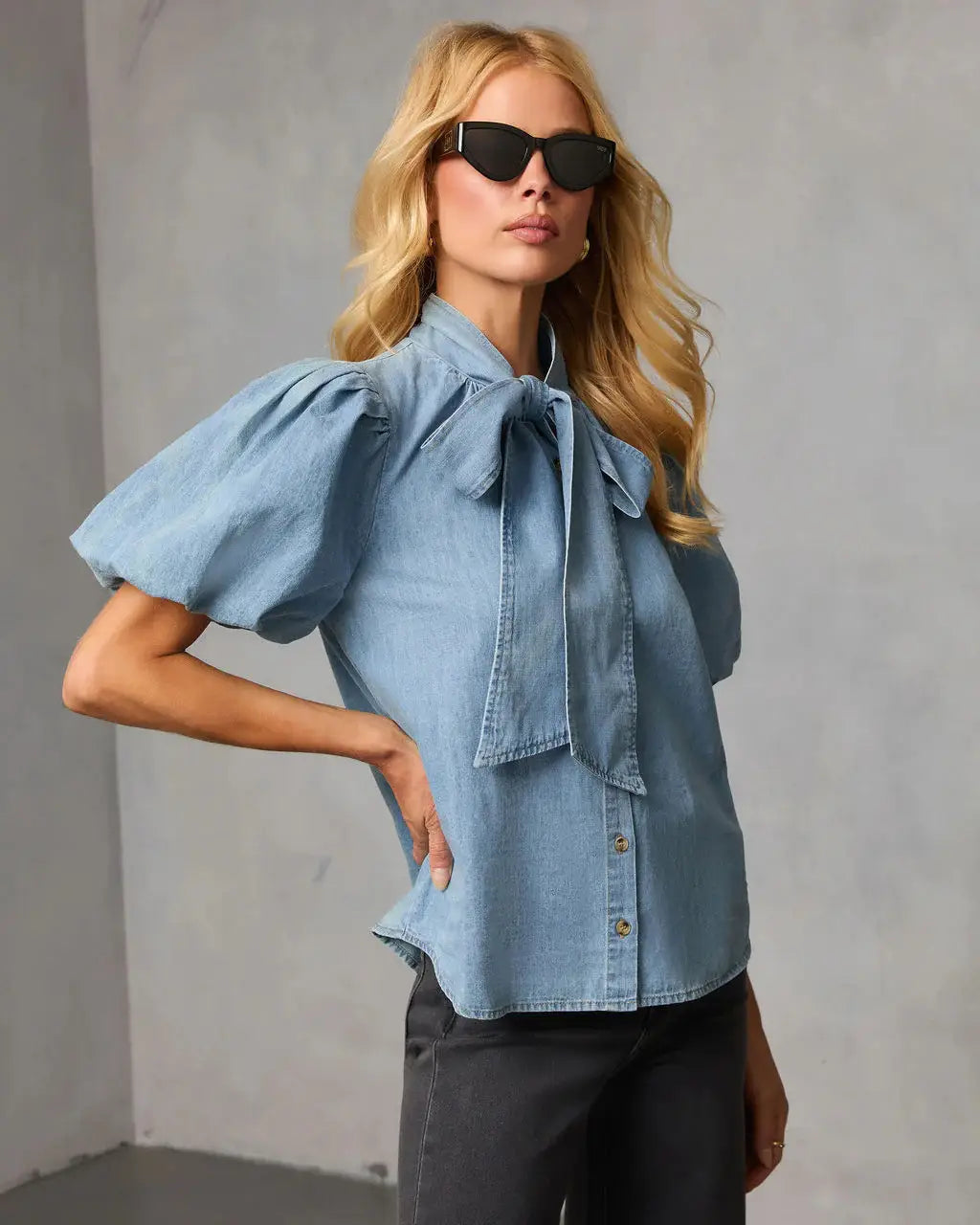 Retro Loose-fit Collar Denim Shirt With Bow-tie Tie-up