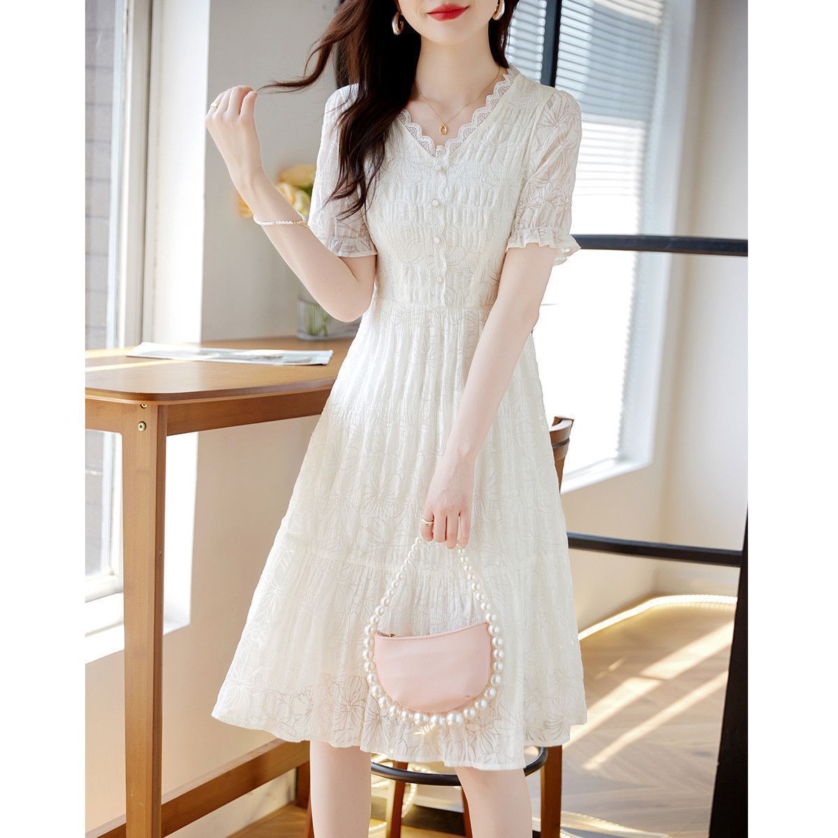 Fairy Style V-neck Lace Stitching Dress | Romantic & Dreamy Women’s Dress | Same Anthem - Beige / L