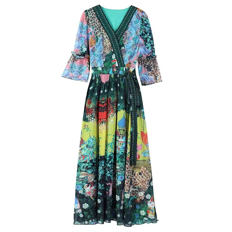 Floral V-Neck Summer Midi Dress – Boho Soulmate Streetwear | same ANTHEM. - Green / S