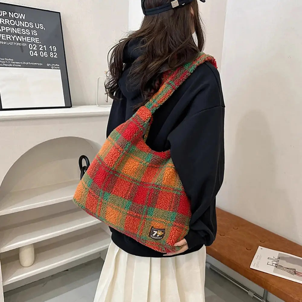 Fluffy Plaid Tote Bag – Soulmate Streetwear Bag | same ANTHEM