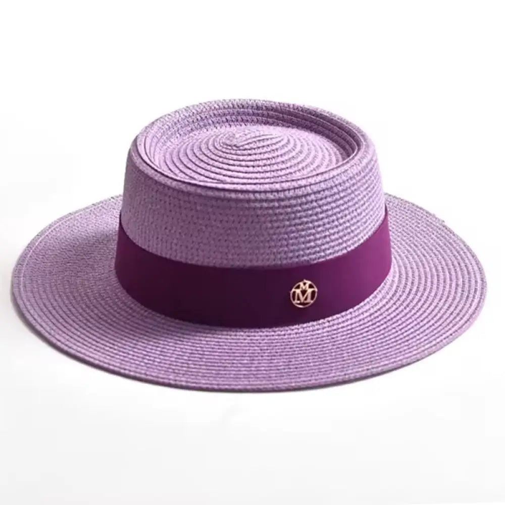 Purple straw hat with a purple band and logo on a white background