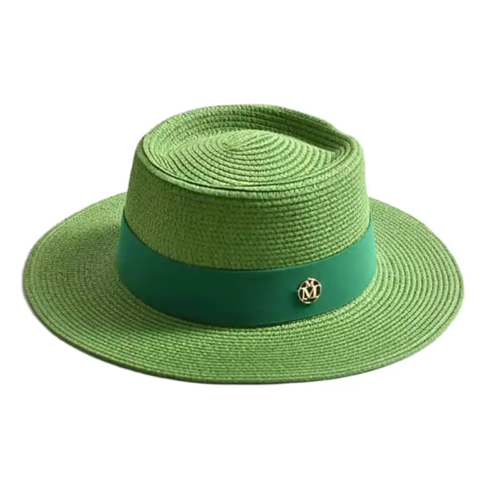 Green straw hat with a band and logo on a white background