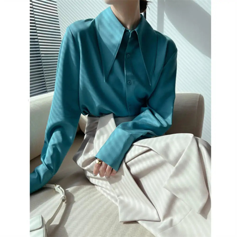 French Chic Pointed Collar Shirt – same ANTHEM | Classic Business Style for Soulmates - Glass Blue / S