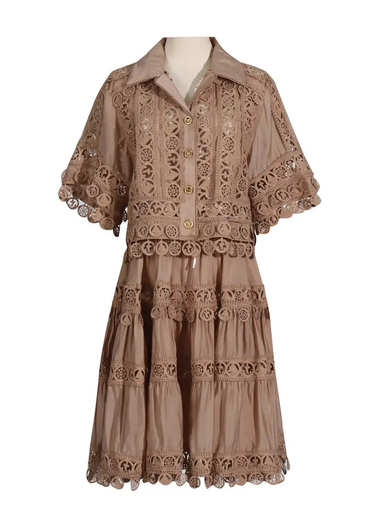 French Court Lace Shirt & Skirt Set – Romantic Two-Piece Dress | same ANTHEM - Khaki / S