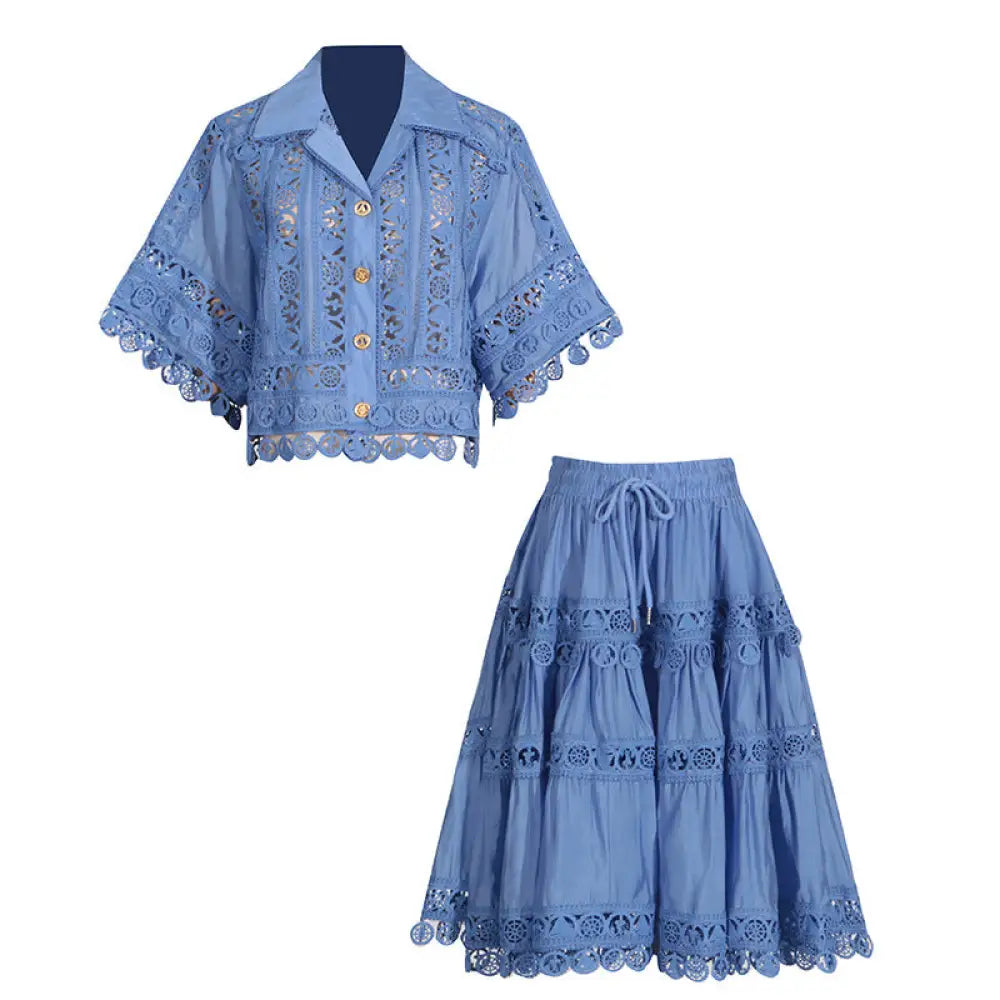 French Court Lace Shirt & Skirt Set – Romantic Two-Piece Dress | same ANTHEM - Blue / S