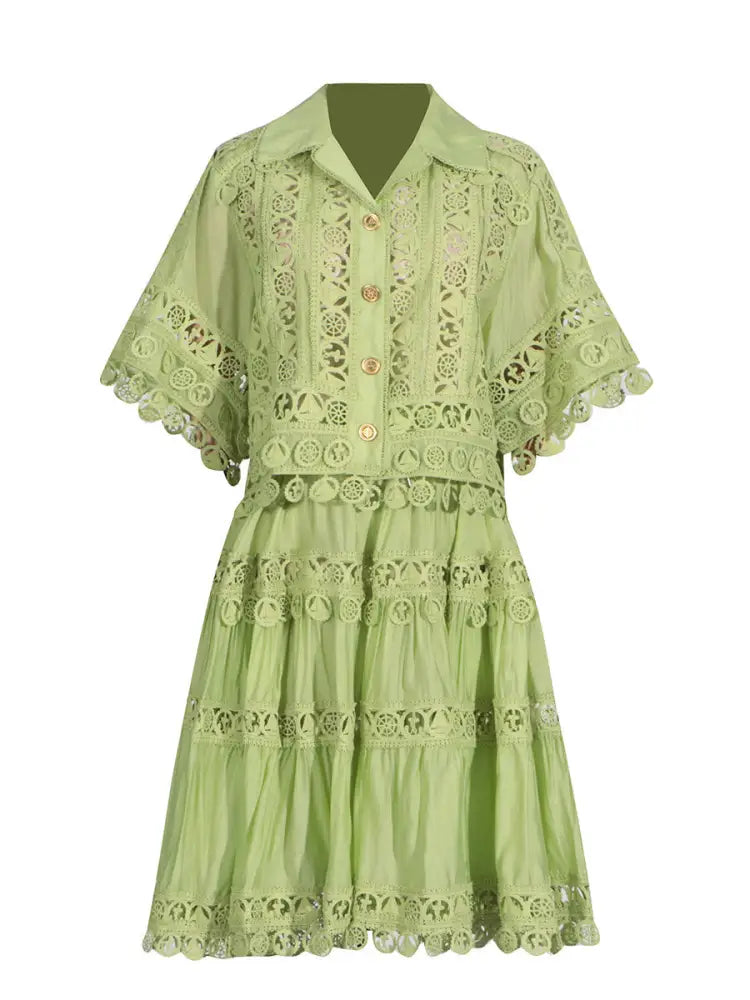 French Court Lace Shirt & Skirt Set – Romantic Two-Piece Dress | same ANTHEM - Green / S