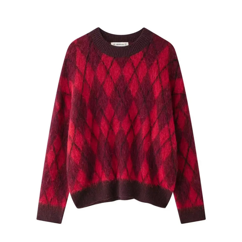 French Diamond Pattern Knitted Sweater for Women | same ANTHEM. - Red / S