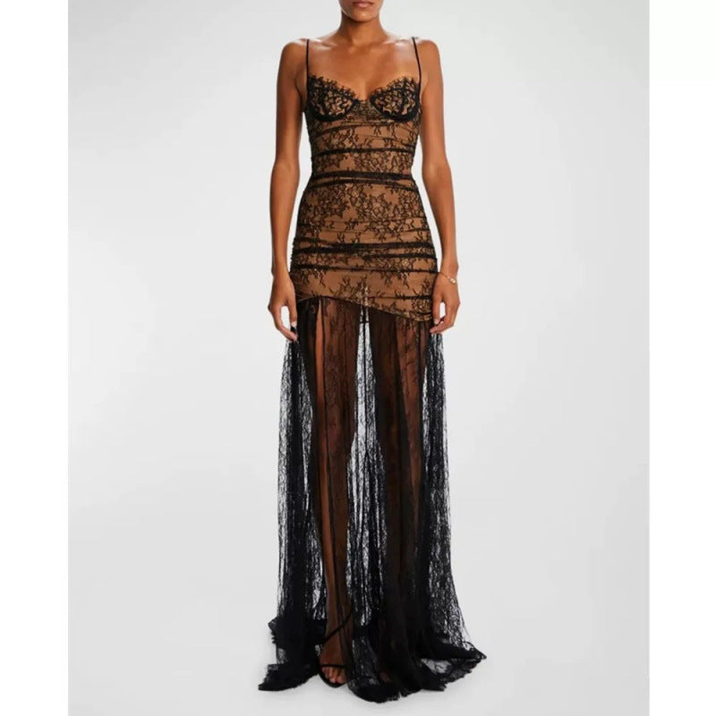 French Lace Suspender Mermaid Dress | Light Luxury Couture for Women | same ANTHEM. - black / S