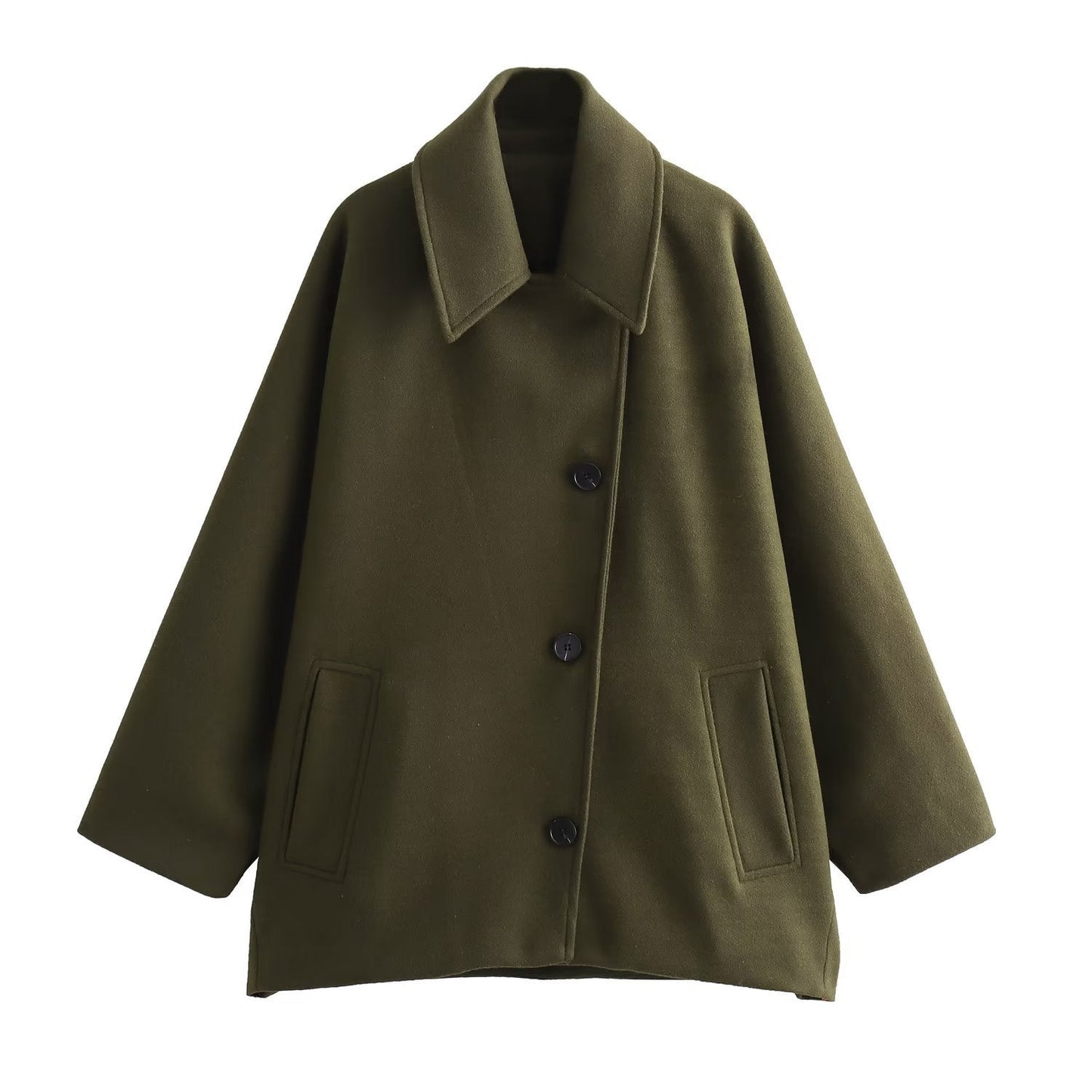 Green coat with black buttons on a white background