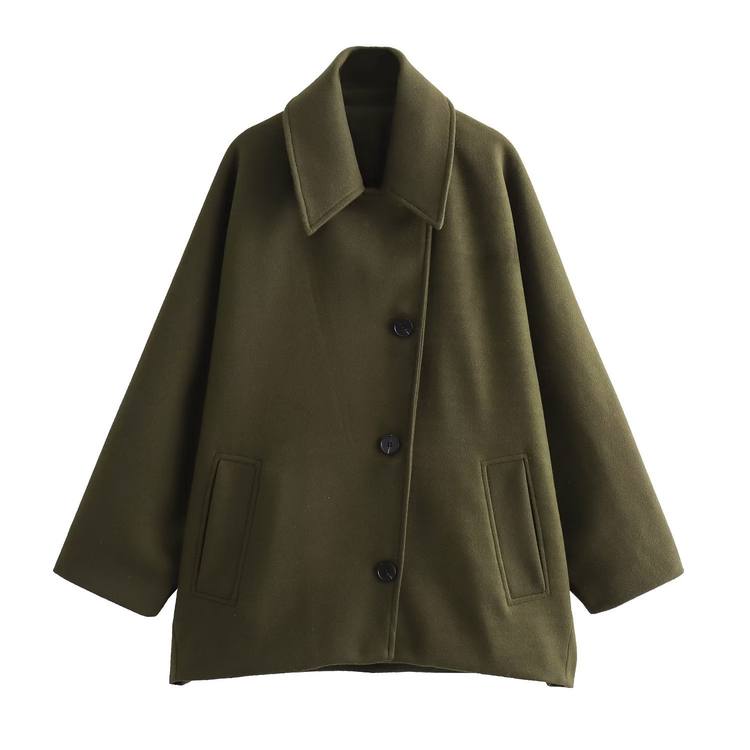 Green coat with black buttons on a white background