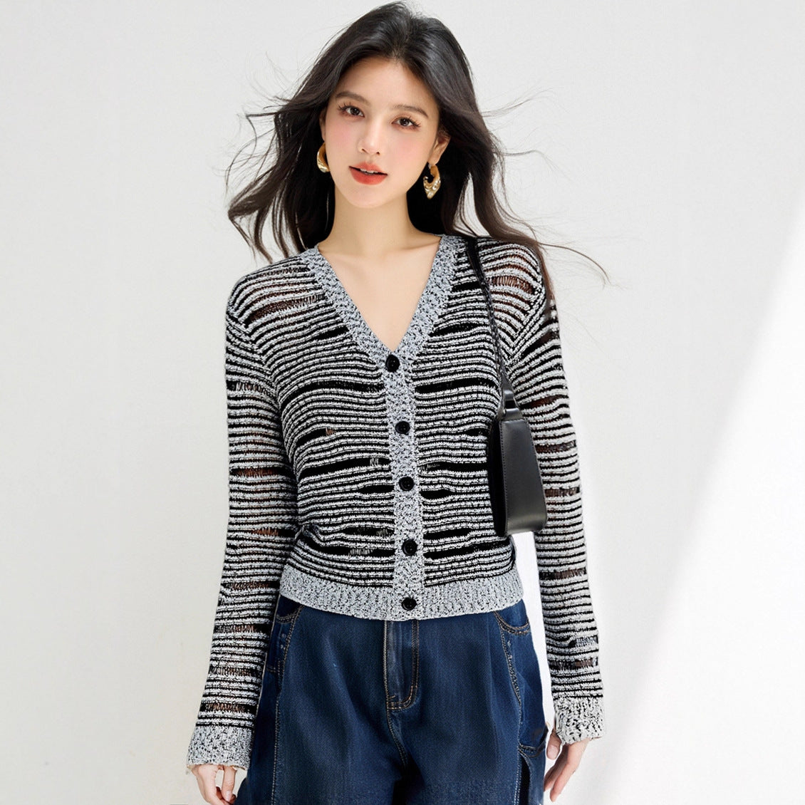 French Style Gray Knit Cardigan | same ANTHEM. - Stripe / S