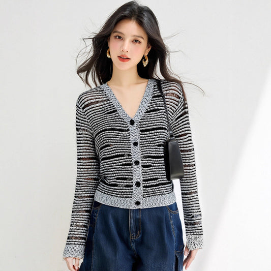 French Style Gray Knit Cardigan | same ANTHEM. - Stripe / S