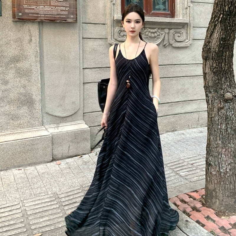 French Vintage V-Neck Striped Dress | Loose Summer Maxi Dress Women | same ANTHEM.