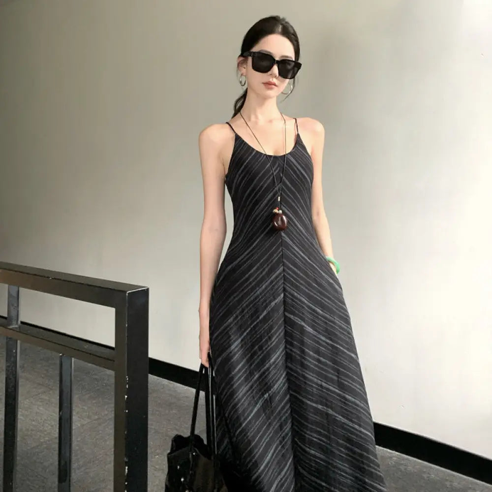 French Vintage V-Neck Striped Dress | Loose Summer Maxi Dress Women | same ANTHEM.