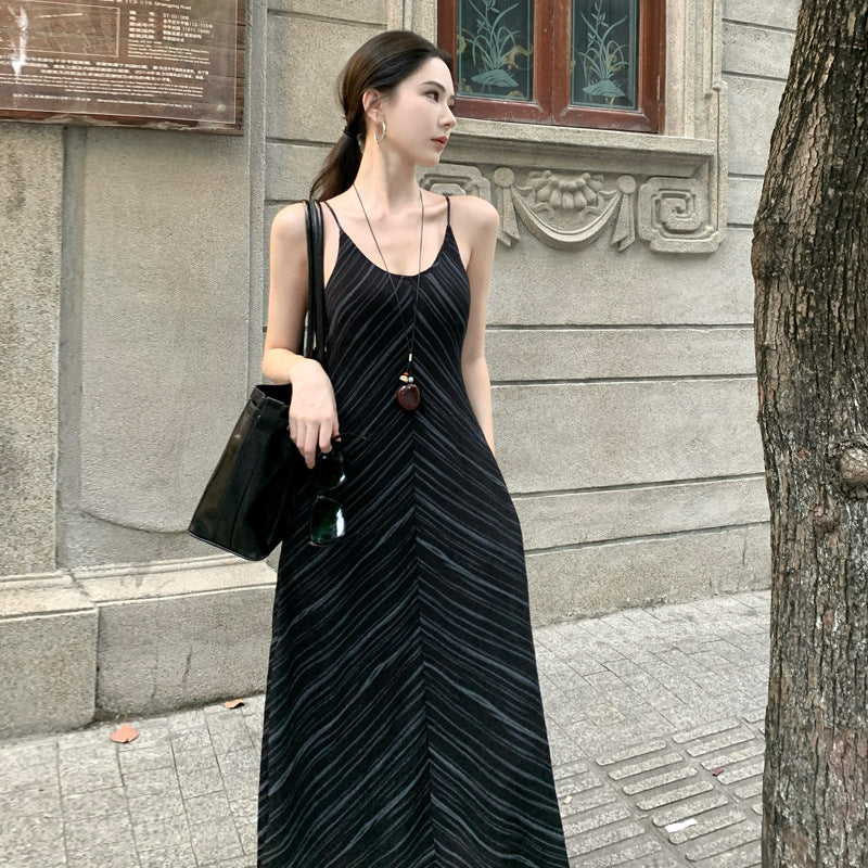 French Vintage V-Neck Striped Dress | Loose Summer Maxi Dress Women | same ANTHEM. - Black Striped / S